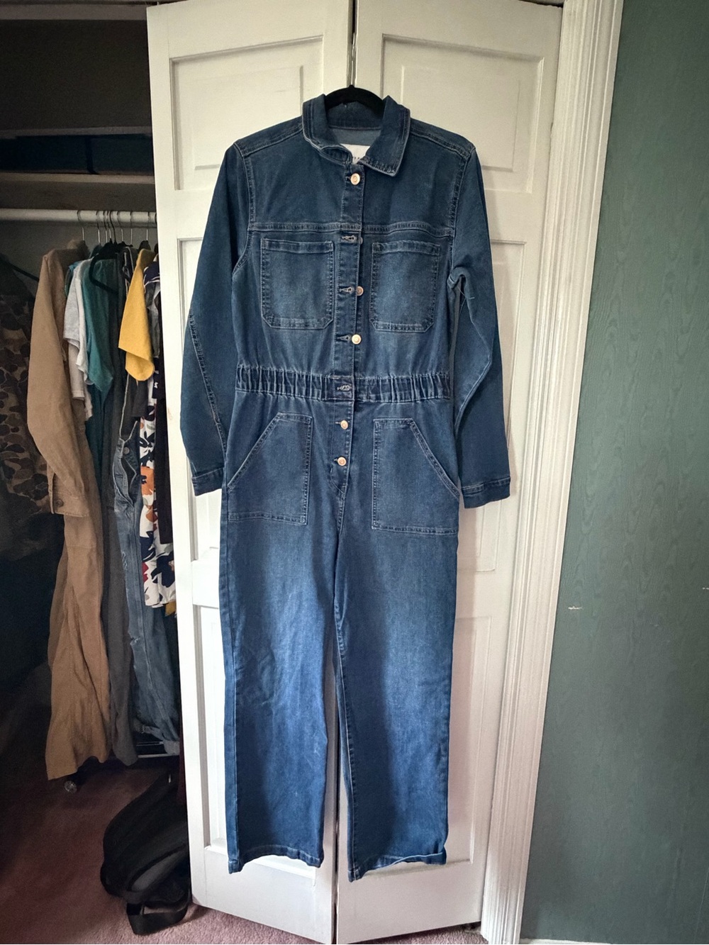 Celebrity Pink Dark Blue Denim Button-Front Jumpsuit